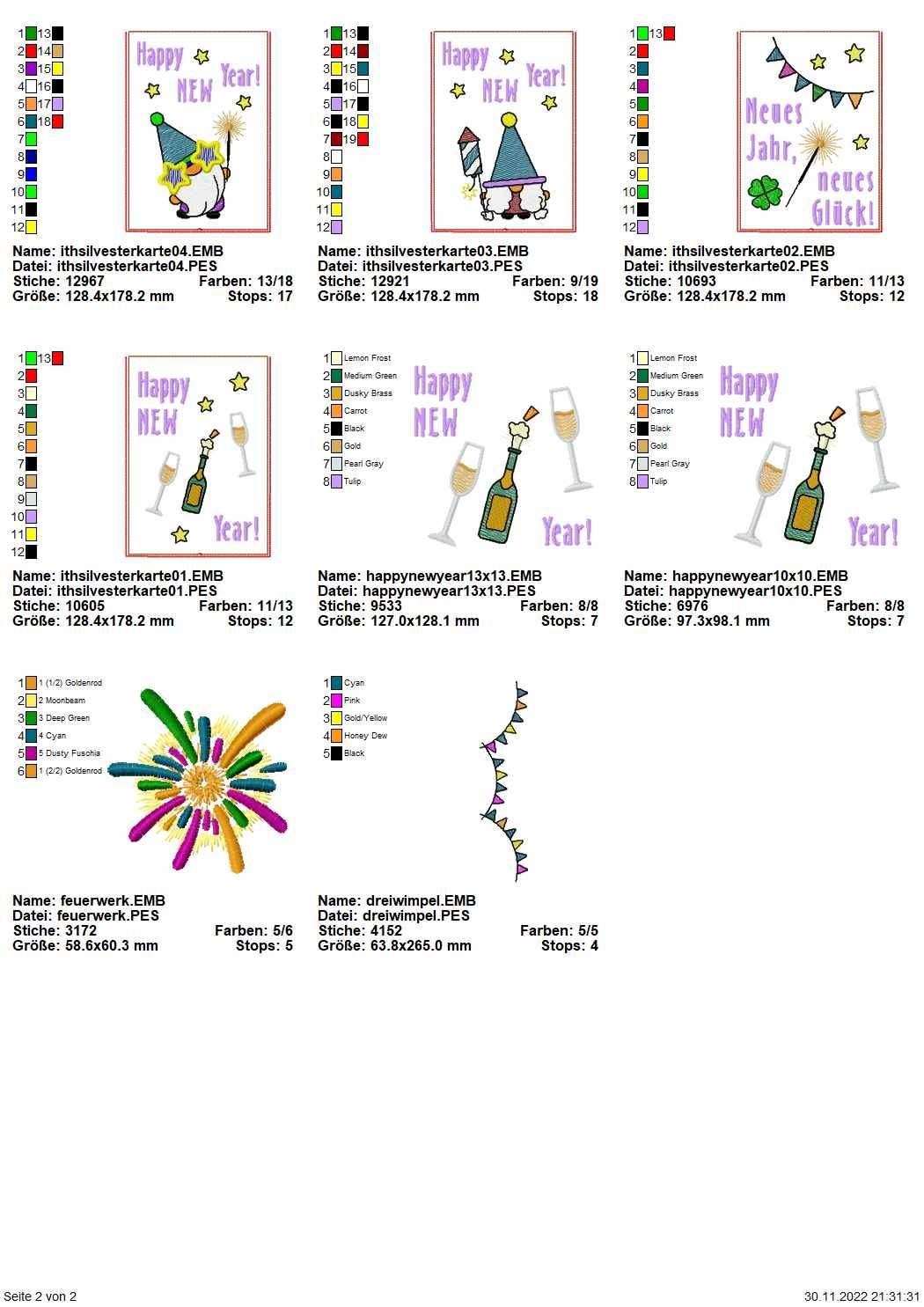 Stickdatei Set ITH Grußkarten Silvester Silvesterparty Gnom Happy New Year - Sewando