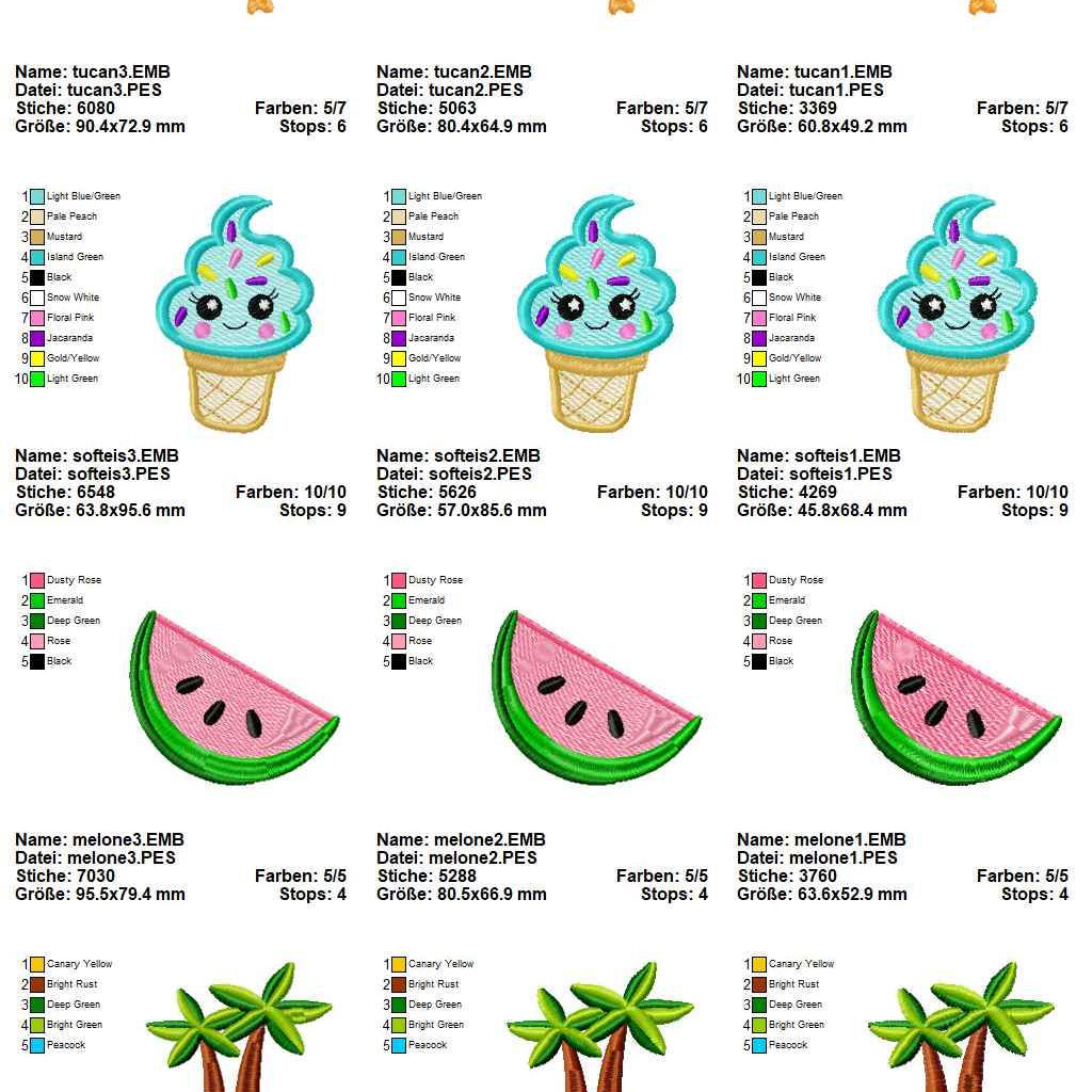 Stickdatei Set Sommermotive 10 Designs in je 3 Größen - Sewando