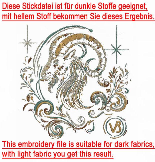 Stickdatei Sternzeichen Steinbock - realistisch - FÜR DUNKLE STOFFE - Sewando