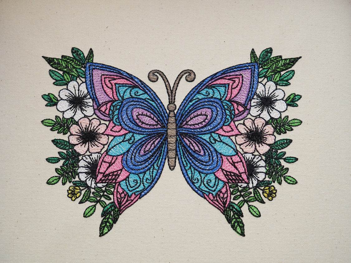 Stickdatei Schmetterling Open Curved Fills Vollstick mit Blumen - Sewando