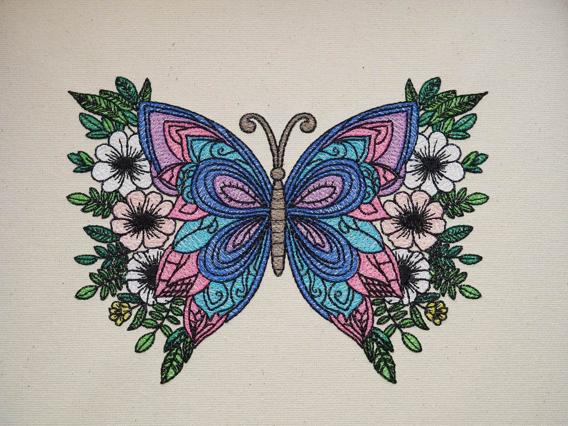 Stickdatei Schmetterling Open Curved Fills Vollstick mit Blumen - Sewando
