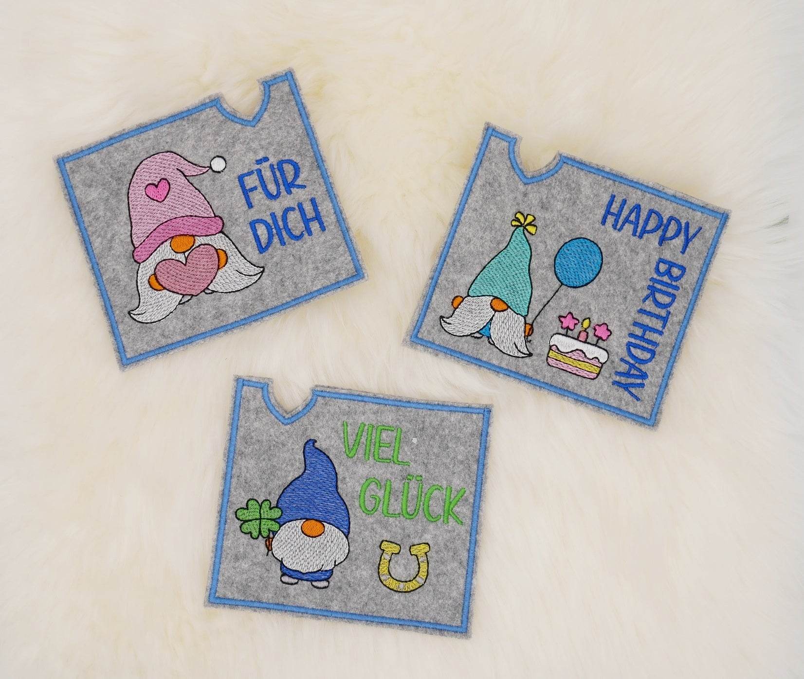 Stickdatei Set ITH Schoko- & Geschenkhüllen Gnome zum Geburtstag, Ostern, Weihnachten, Genesung & Danke - Sewando