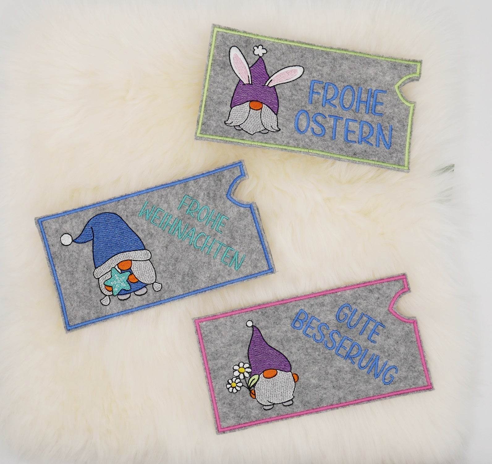 Stickdatei Set ITH Schoko- & Geschenkhüllen Gnome zum Geburtstag, Ostern, Weihnachten, Genesung & Danke - Sewando