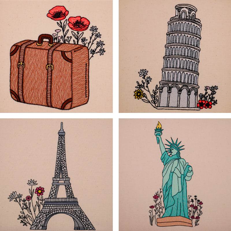 Stickdatei Set Reise Eifelturm Freiheisstatue Turm von Pisa Koffer - Sewando