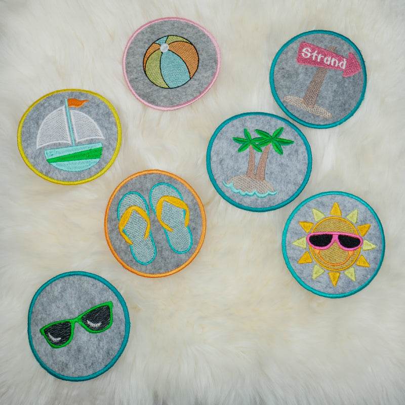 Stickdatei Set Sommer Patches Aufnäher (mit u. ohne Klett), ITH Schlüsselanhänger & Einzelmotive - Sewando
