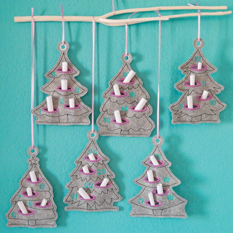 Stickdatei Set Adventskalender Tannen ITH als Anhänger oder Stabdeko - Sewando