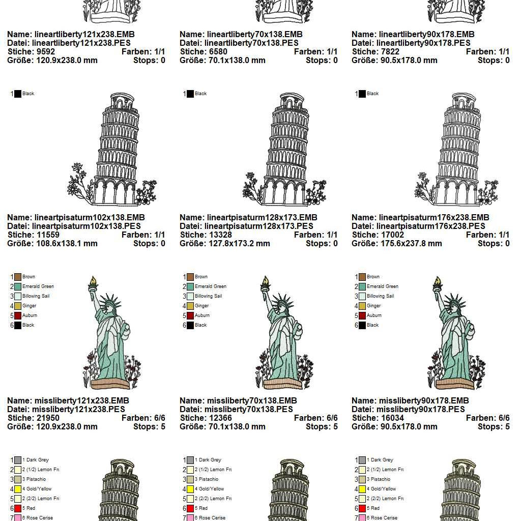 Stickdatei Set Reise Eifelturm Freiheisstatue Turm von Pisa Koffer - Sewando