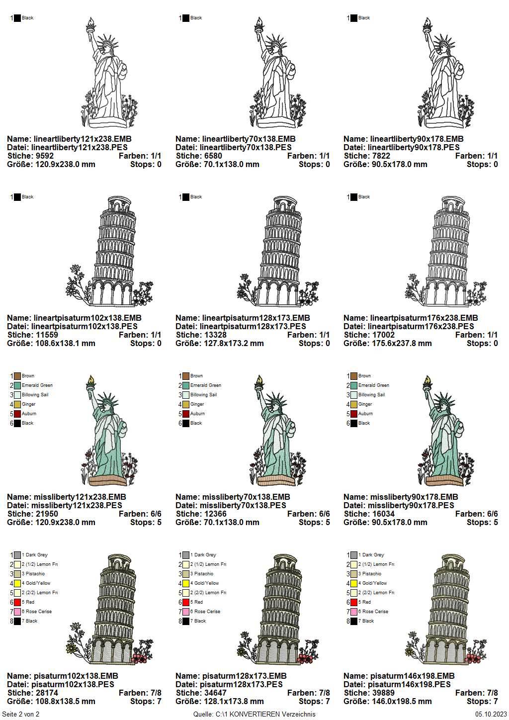 Stickdatei Set Reise Eifelturm Freiheisstatue Turm von Pisa Koffer - Sewando