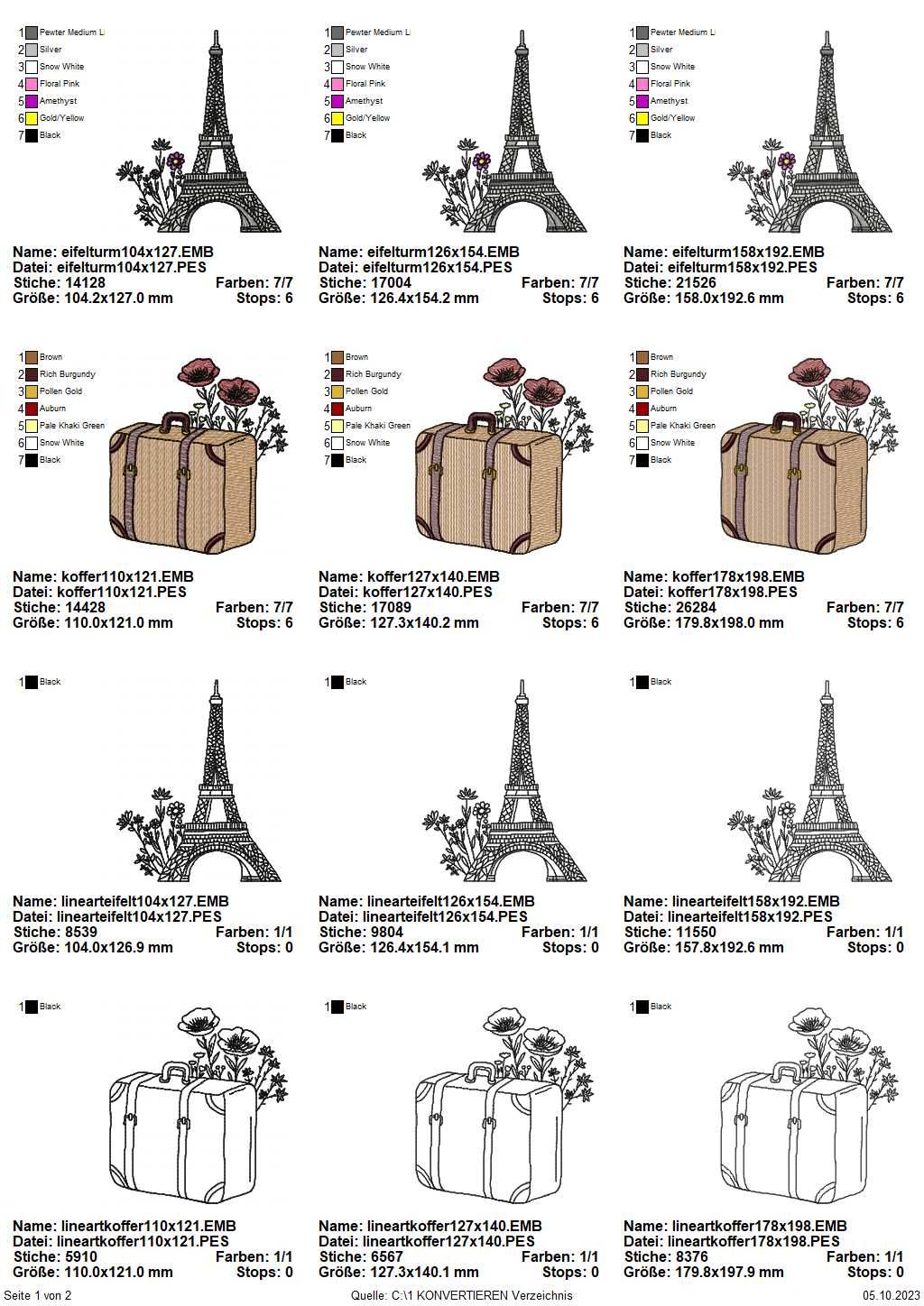 Stickdatei Set Reise Eifelturm Freiheisstatue Turm von Pisa Koffer - Sewando