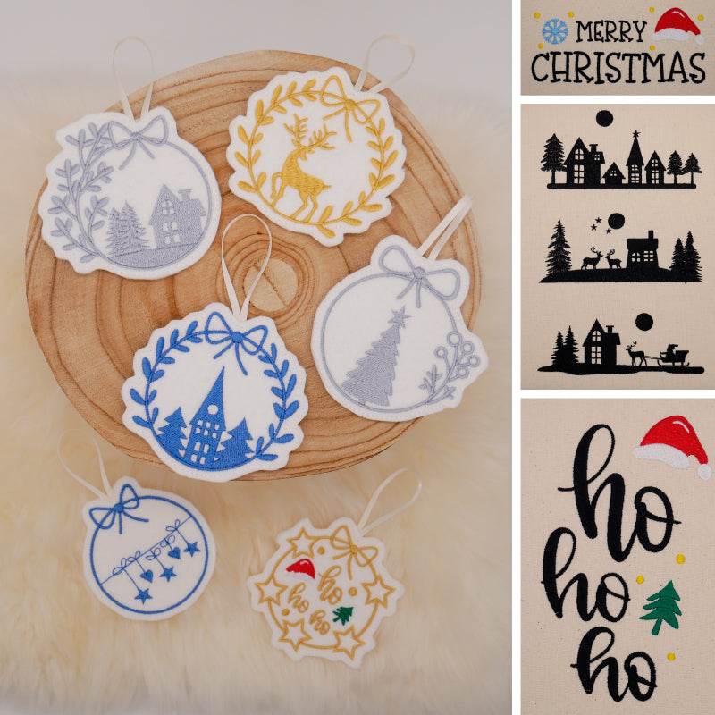 Stickdatei Set weihnachtliche Sillhouetten Scherenschnitt mit Schriftzügen + ITH Anhänger - Sewando