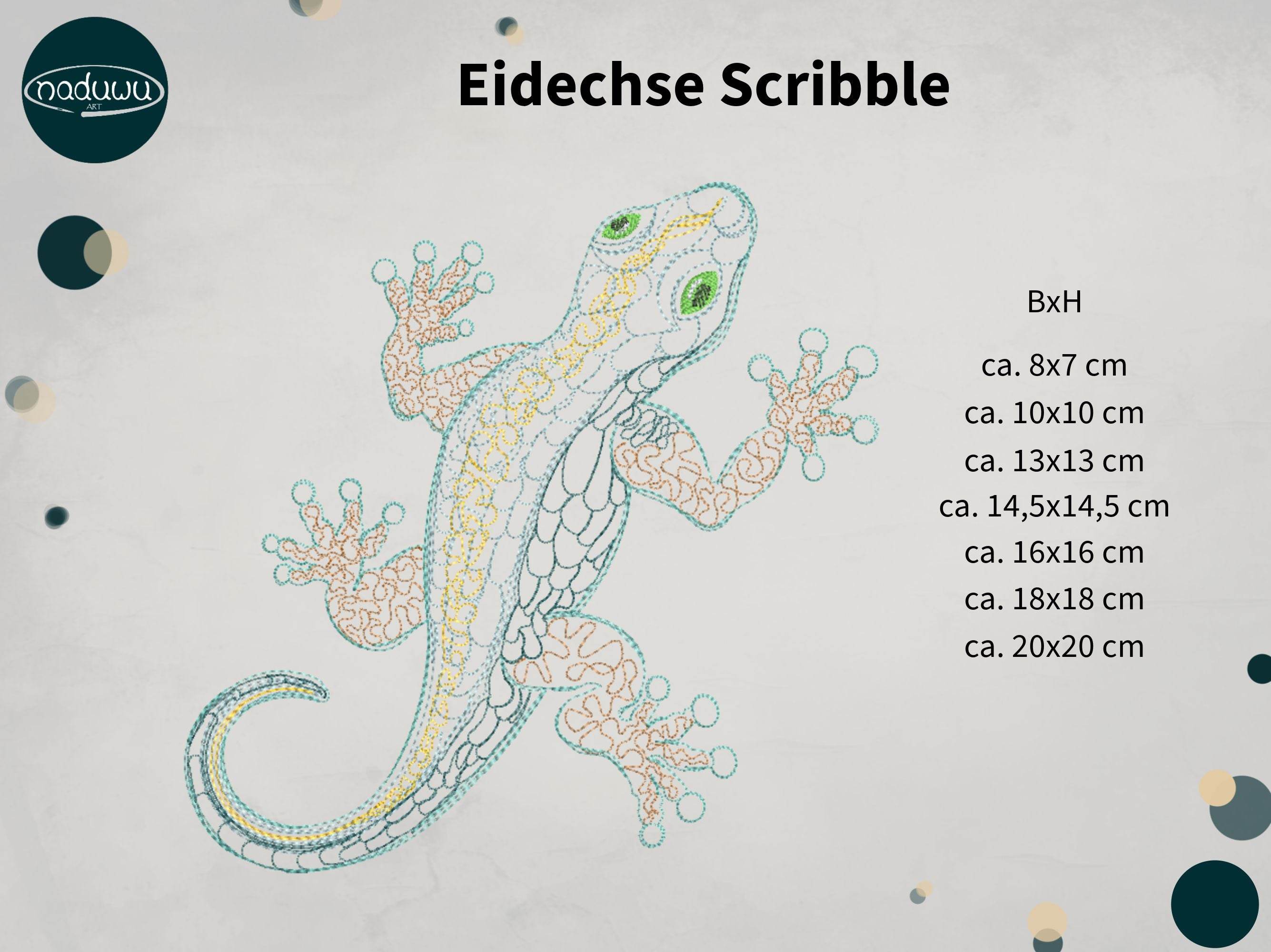 Stickdatei Eidechse Set 7 Größen, Gecko Scribble ab 10x10 - Sewando
