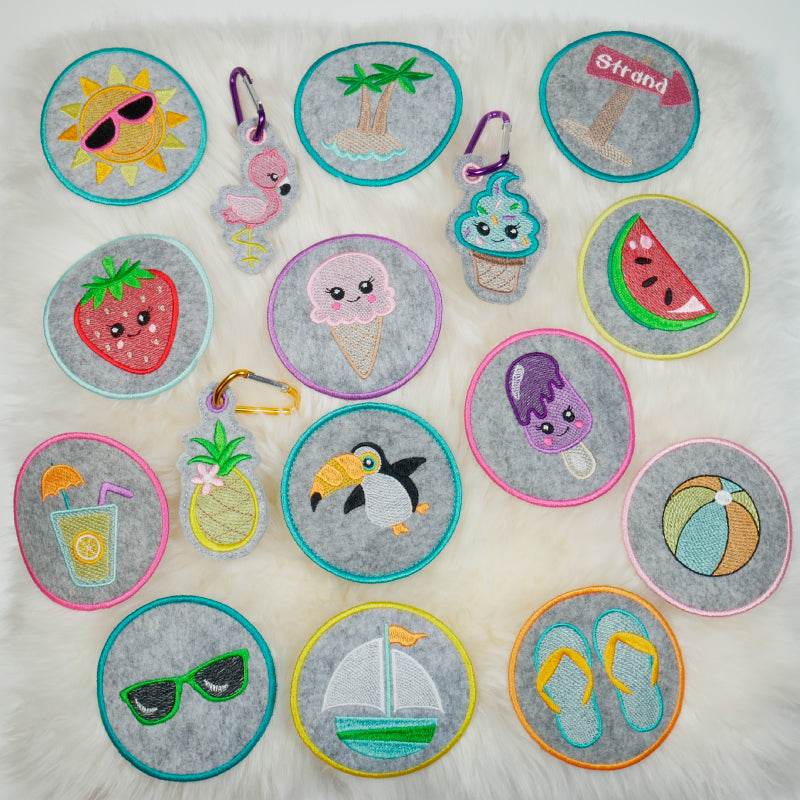 Stickdatei Set Sommer Patches Aufnäher (mit u. ohne Klett), ITH Schlüsselanhänger & Einzelmotive - Sewando