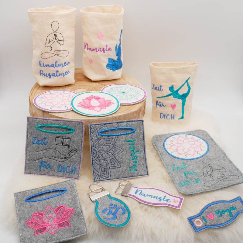 Stickdatei Set Wellness & Yoga ITH Lichtbeutel, Coaster, Mugrugs, Schlüsselanhänger, Wunscherfüller & Einzelmotive - Sewando