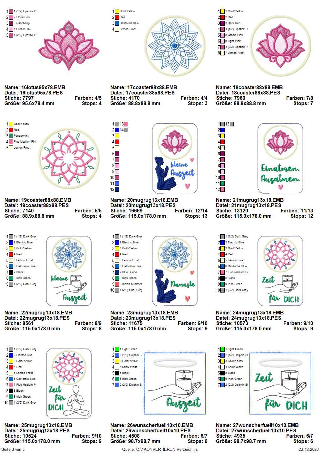 Stickdatei Set Wellness & Yoga ITH Lichtbeutel, Coaster, Mugrugs, Schlüsselanhänger, Wunscherfüller & Einzelmotive - Sewando