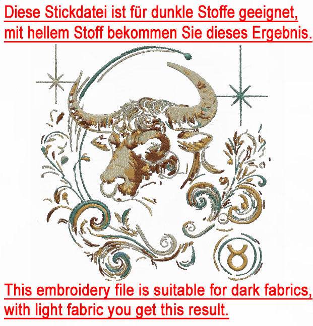 Stickdatei Sternzeichen Stier - realistisch - FÜR DUNKLE STOFFE - Sewando