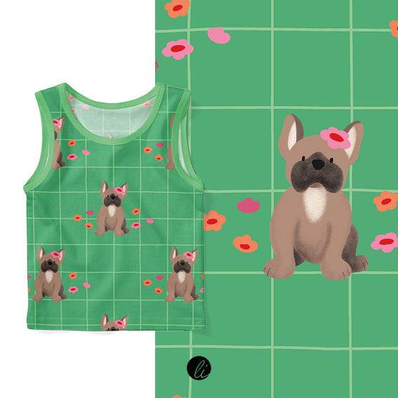 Stoffdesign – Nahtloses Muster mit süßer französischer Bulldogge auf grün - Sewando