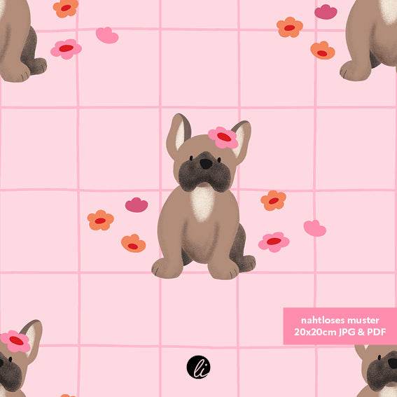 Stoffdesign – Nahtloses Muster mit süßer französischer Bulldogge auf rosa - Sewando