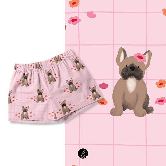 Stoffdesign – Nahtloses Muster mit süßer französischer Bulldogge auf rosa - Sewando