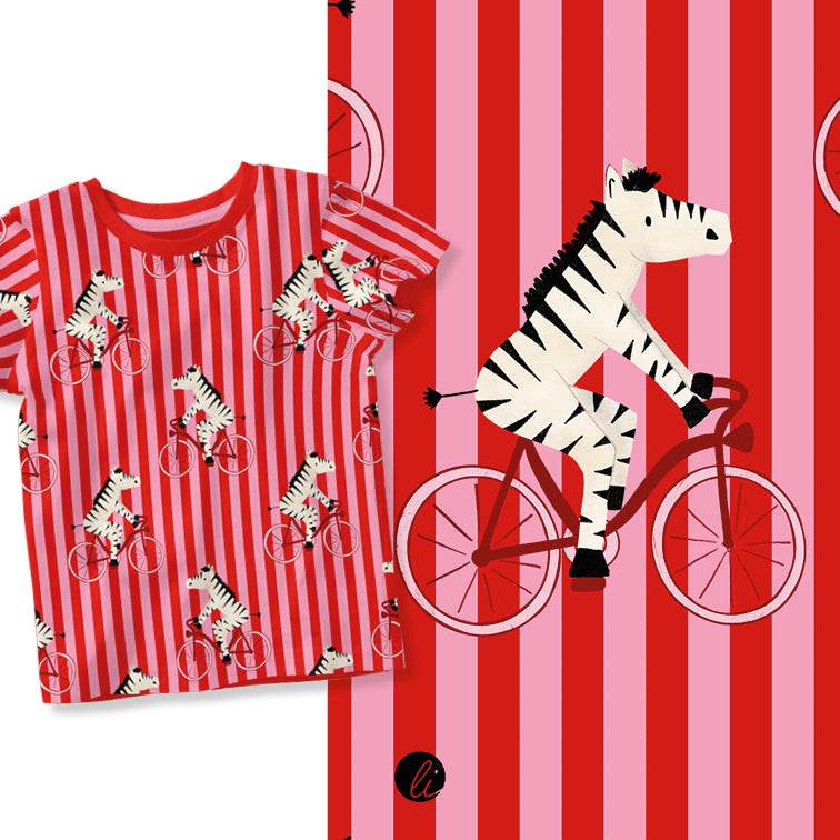 Stoffdesign – Zebra auf dem Fahrrad rot - Sewando