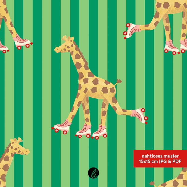 Stoffdesign – Giraffe auf Rollschuhen grün - Sewando