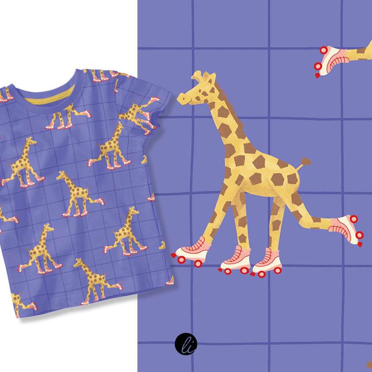 Stoffdesign – Giraffe auf Rollschuhen blau - Sewando