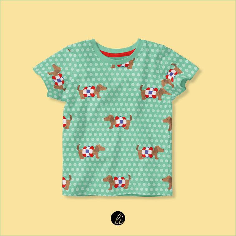 Stoffdesign – Dackel mit Schwimmreifen türkis - Sewando