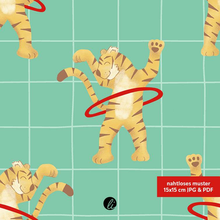 Stoffdesign – Tiger mit Hula-Hoop-Reifen türkis - Sewando