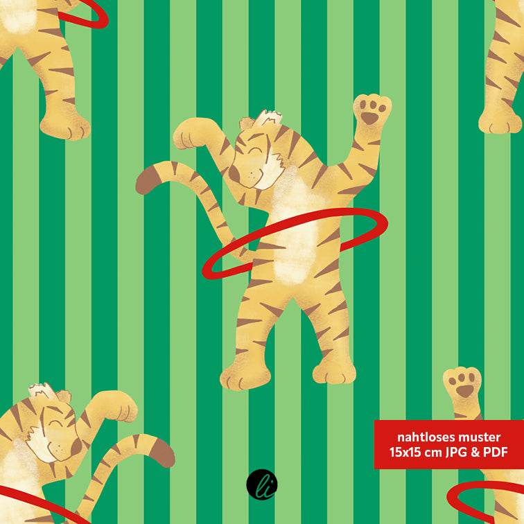 Stoffdesign – Tiger mit Hula-Hoop-Reifen grün - Sewando