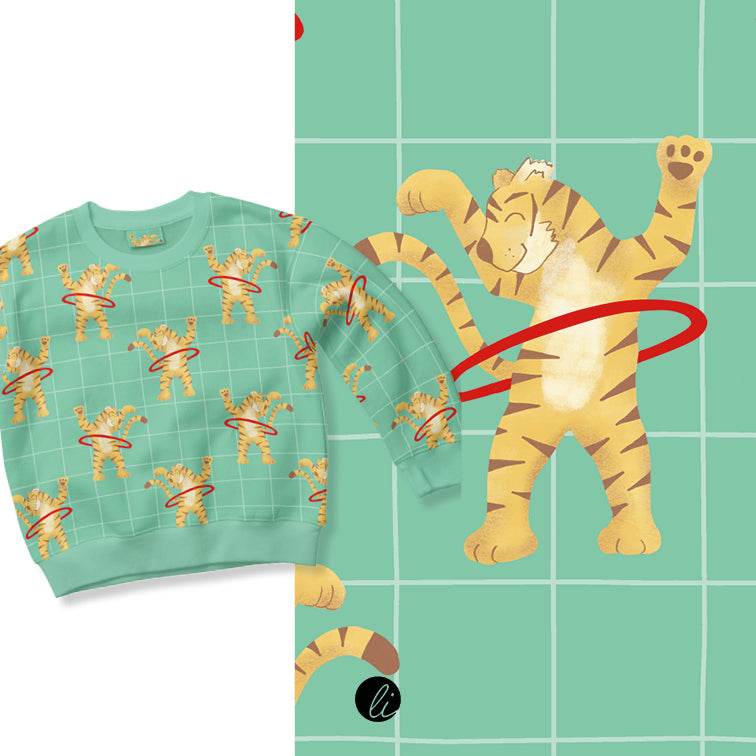 Stoffdesign – Tiger mit Hula-Hoop-Reifen türkis - Sewando