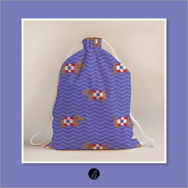 Stoffdesign – Dackel mit Schwimmreifen blau - Sewando