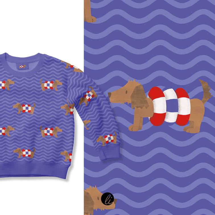 Stoffdesign – Dackel mit Schwimmreifen blau - Sewando