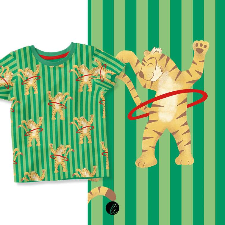 Stoffdesign – Tiger mit Hula-Hoop-Reifen grün - Sewando