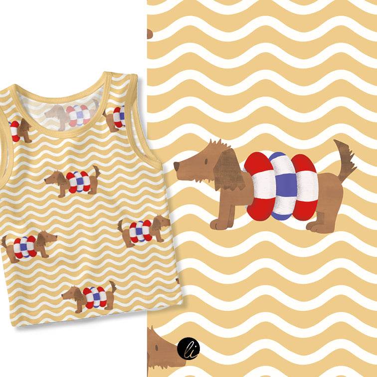 Stoffdesign – Dackel mit Schwimmreifen gelb - Sewando