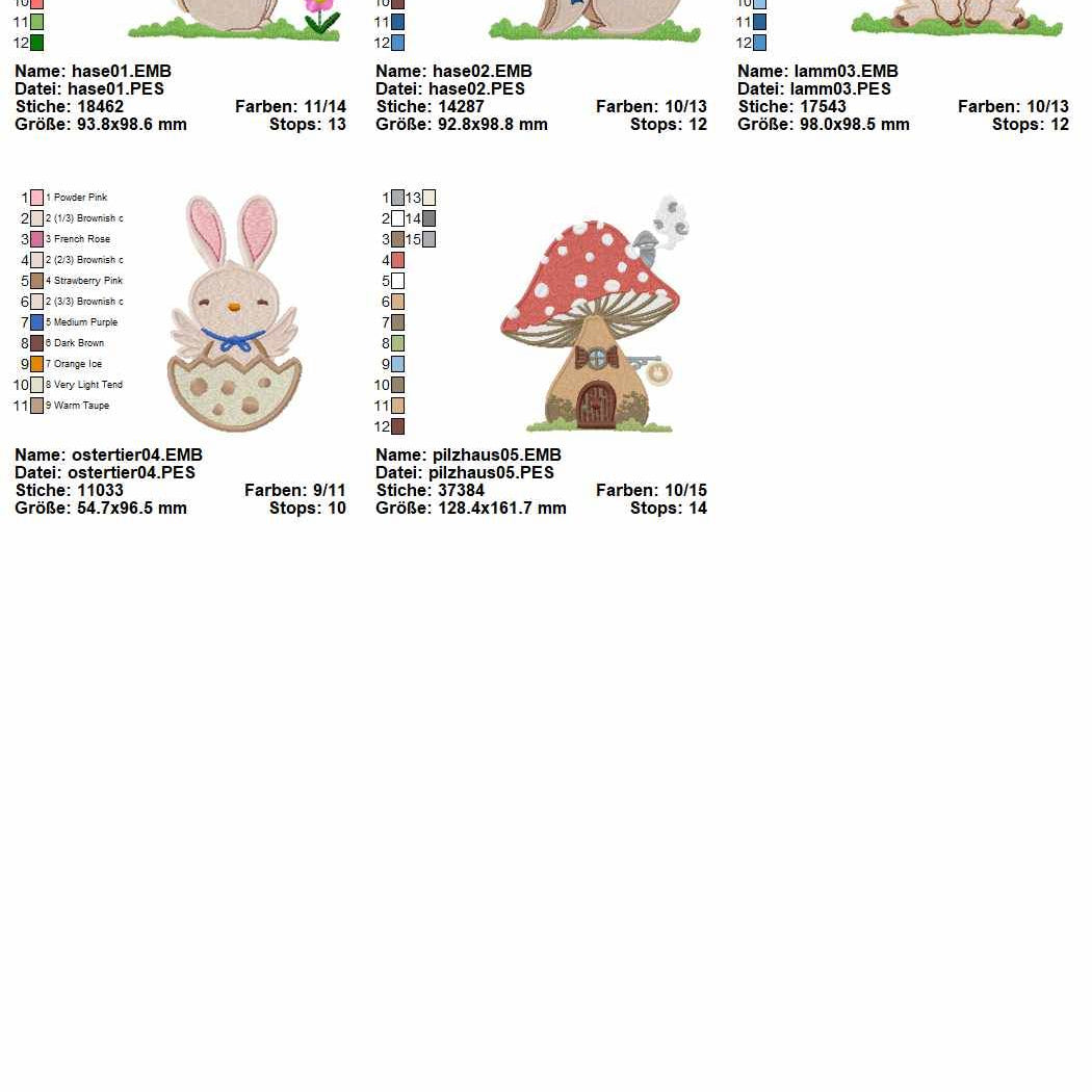 Stickdatei Set Sweet Easter Lamm Hase Pilzhaus Ostern - Sewando