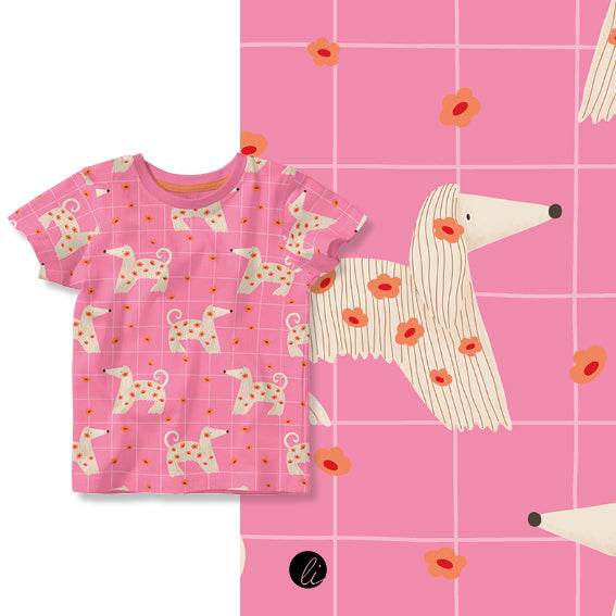 Stoffdesign – Nahtloses Muster mit afghanischen Windhund auf pink - Sewando