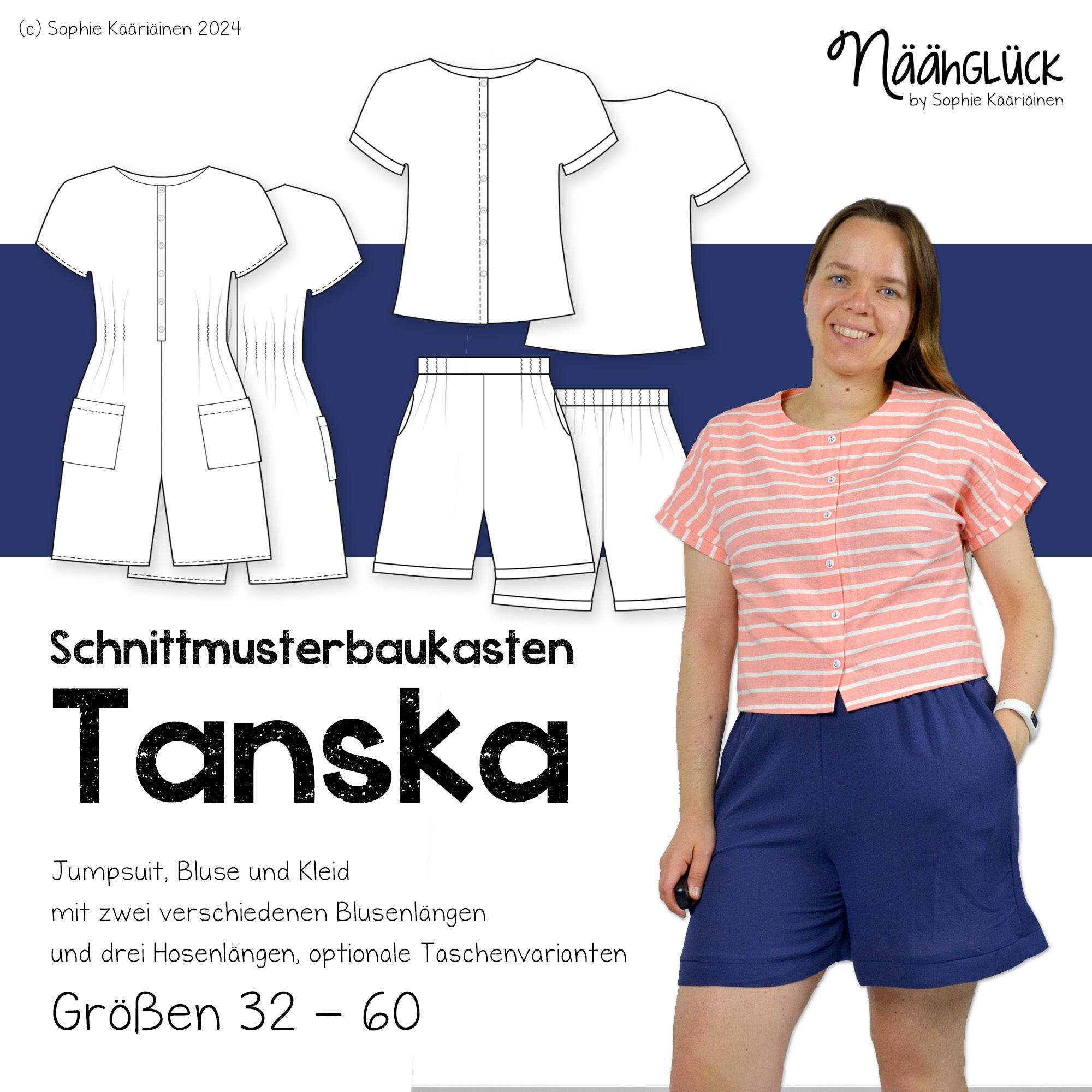 Schnittmuster Baukasten Tanska, Größen 32 - 60, Jumpsuit, Bluse, Hose - Sewando