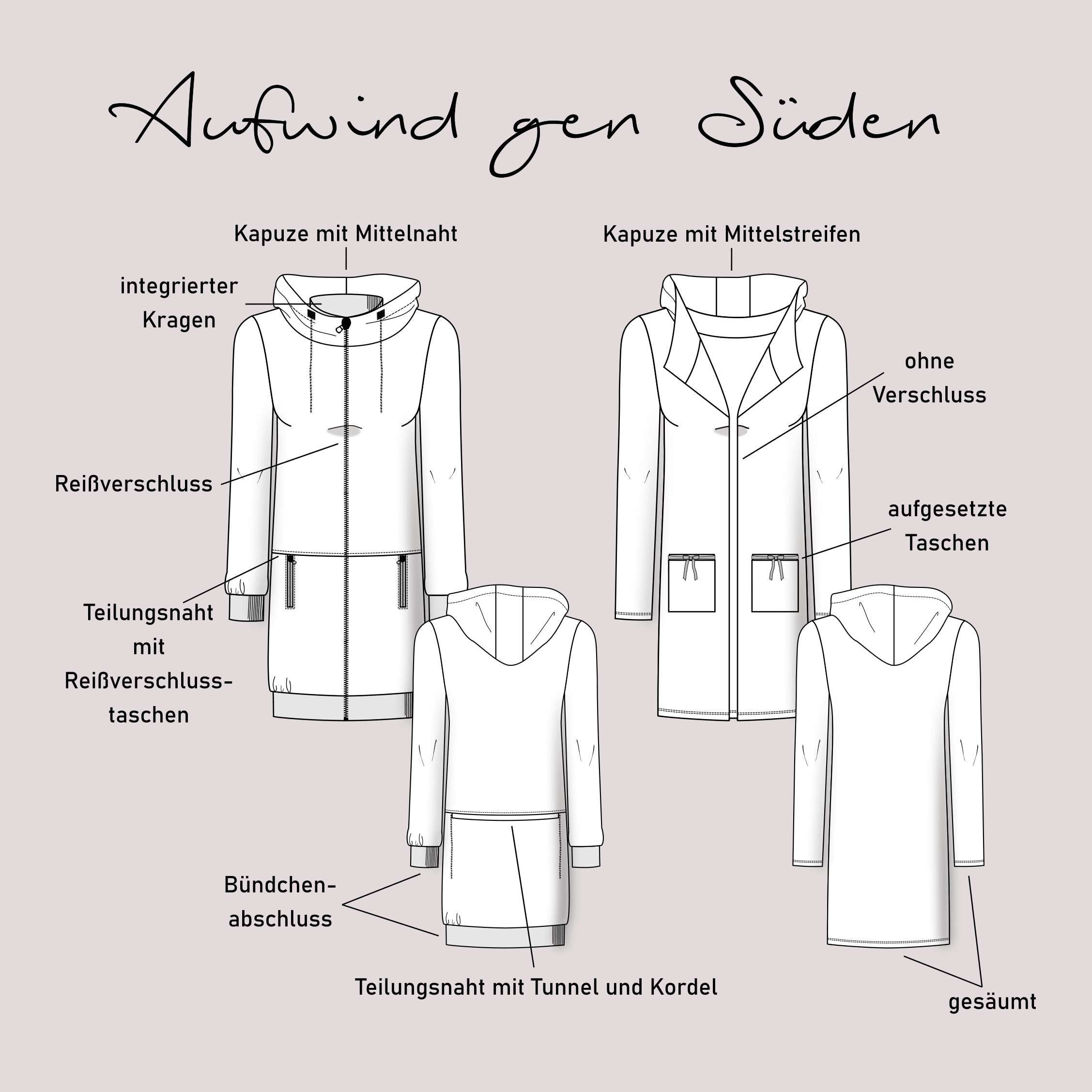 Schnittmuster Sweatjacke „Aufwind gen Süden“ Damen Gr. 32 - 62 - Sewando