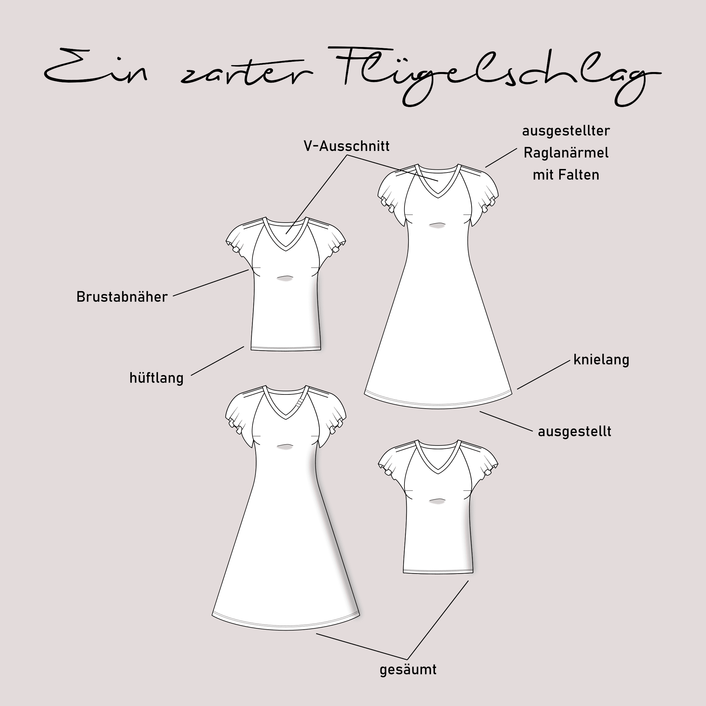 Schnittmuster Raglanshirt/-kleid „Ein zarter Flügelschlag“ Damen Gr. 32 - 58 : - Sewando