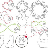 Stickdatei - Tierliebe Linie Herz mit Pfote Hund und Katze  20 Motive in je 4 Größen