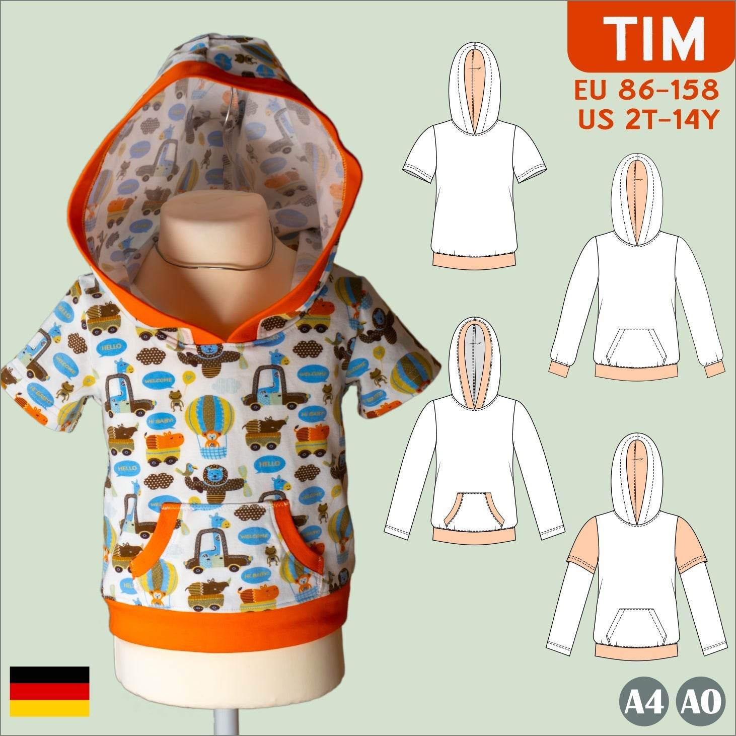 Tim – Kinderhoodie mit Kapuze, lange, kurze Ärmel & Kängurutasche Gr. 86-158 - Sewando