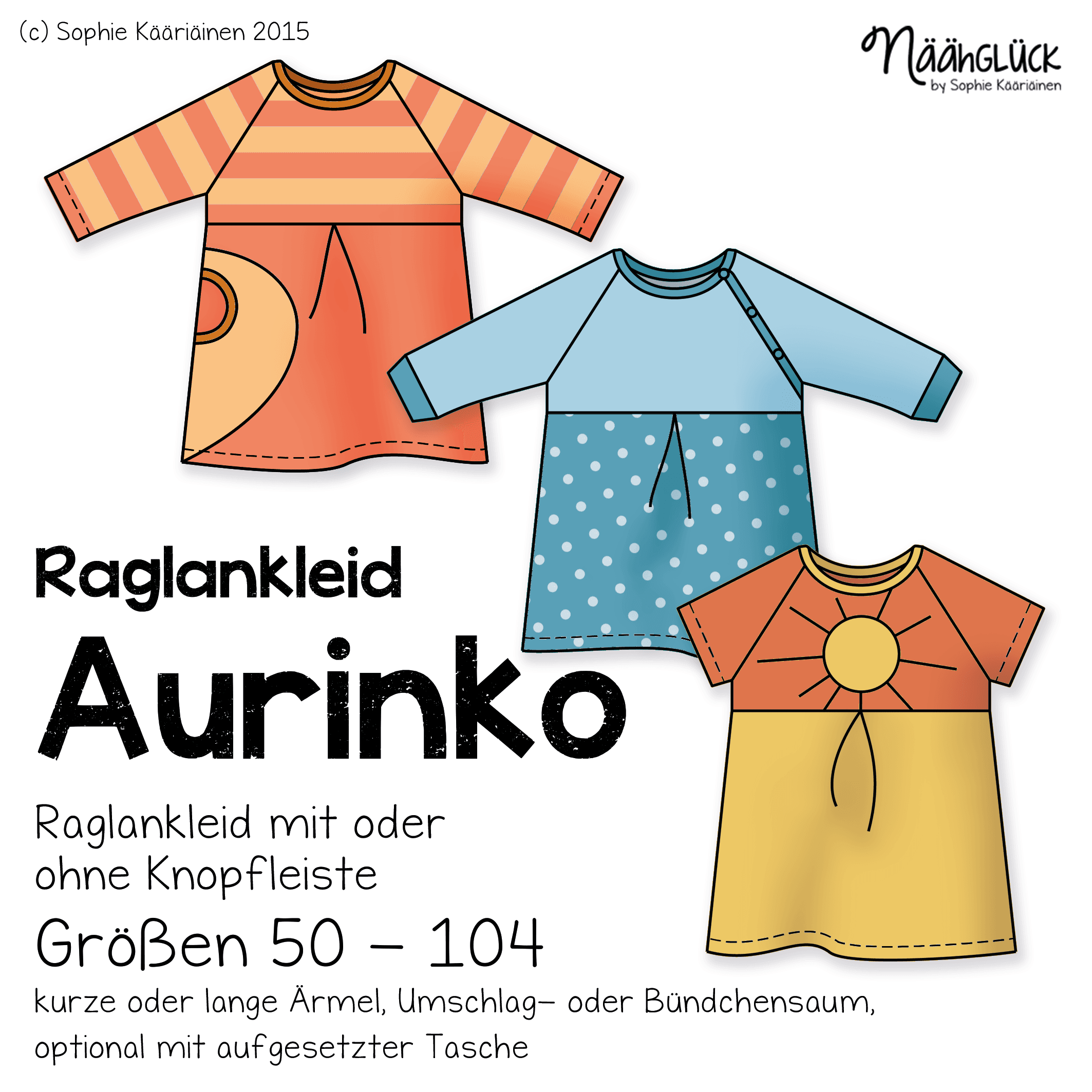 Schnittmuster Aurinko - Raglankleid mit Knopfleiste Größe 50 bis 104 - Sewando