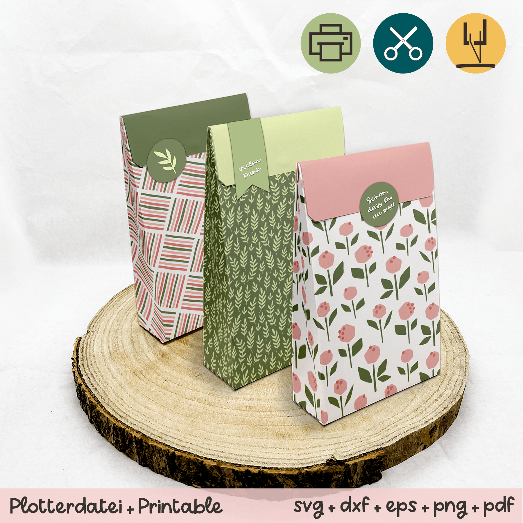 Bundle Geschenktüten Muster floral rosa / grün - Printable mit Schere oder Plotter - Sewando
