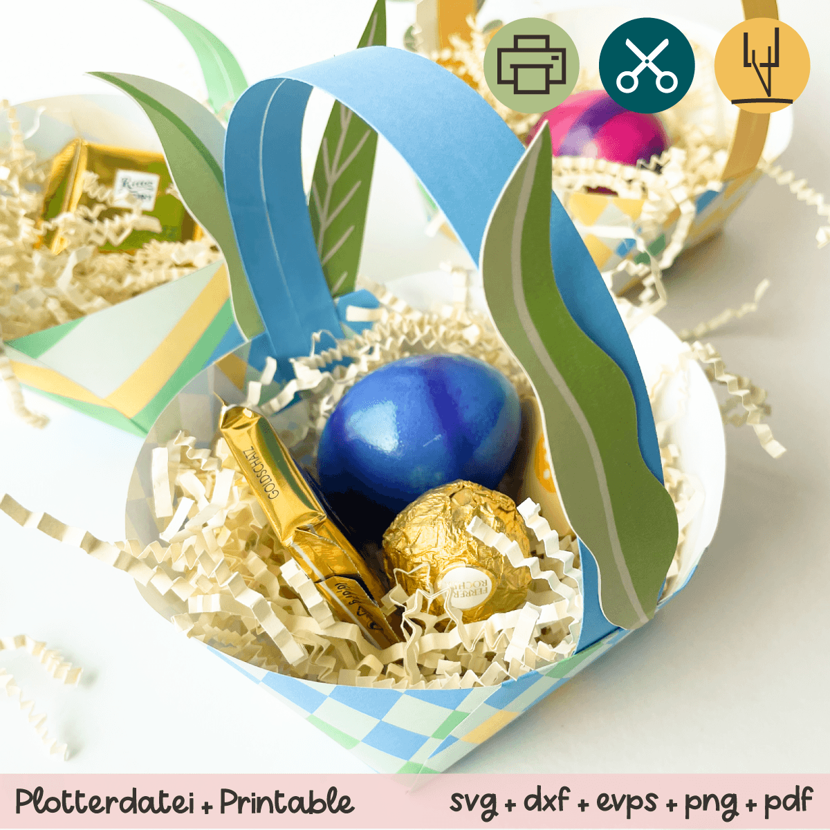 Osterkörbchen selber basteln - Rautenmuster blau-grün - Printable für Schere oder Plotter - Sewando