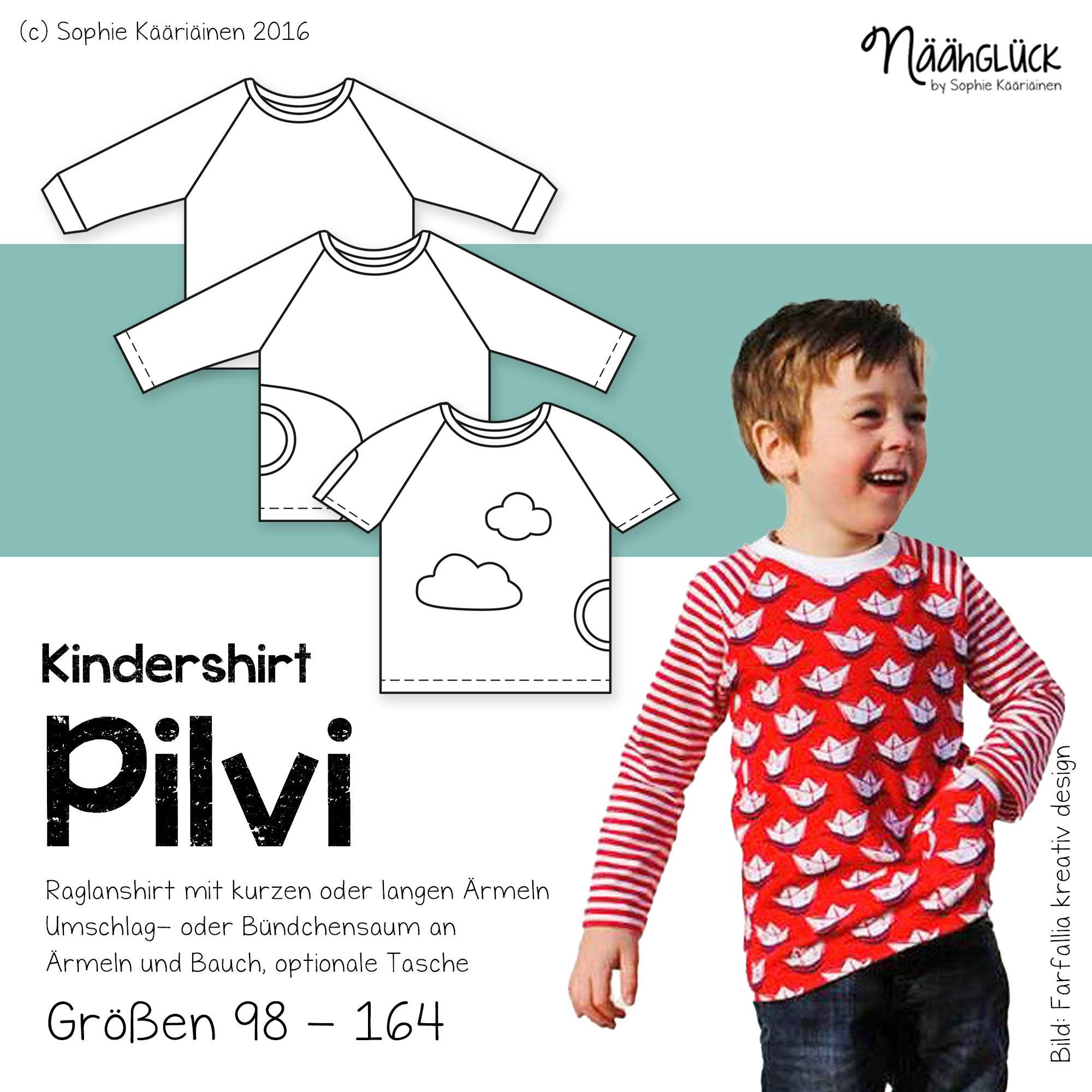 Schnittmuster Pilvi – Raglanshirt mit Tasche Größe 98 – 164 - Sewando