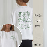 Zweiteilige Plotterdatei Weihnachten – ‚It’s giving Christmas vibes‘ mit Line Art Symbolen wie Mistelzweig, Tasse, Tannenbaum, Lebkuchen & Schleifen. Perfekt für Christmas Sweater & DIY.