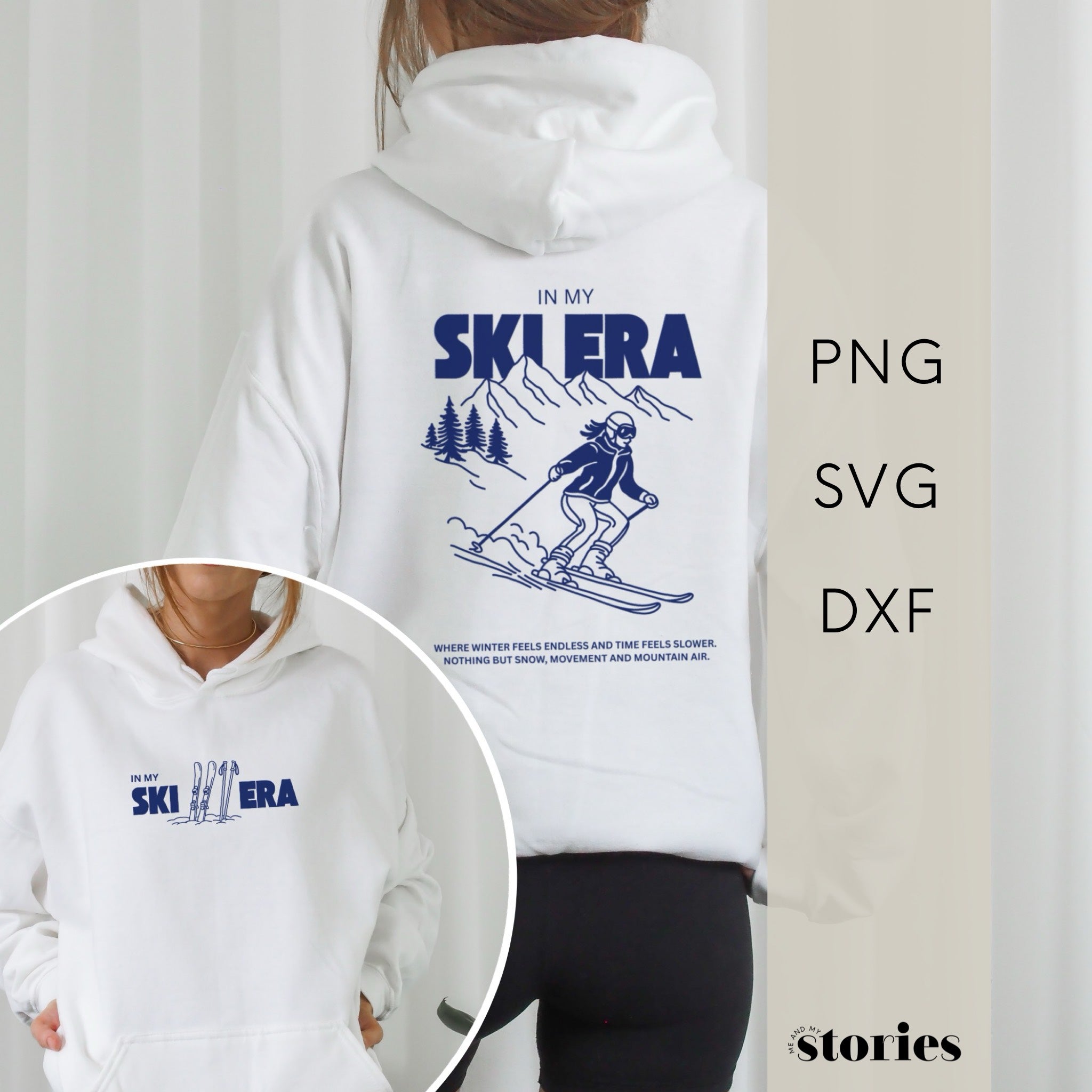 Minimalistischer Backprint mit Schriftzug „In my ski era“ – modernes Ski Plotterdesign für Winter-Shirts und Hoodies. Dezenter Frontprint „In my ski era“ – minimalistische Plotterdatei für Ski- und Winter-Styles