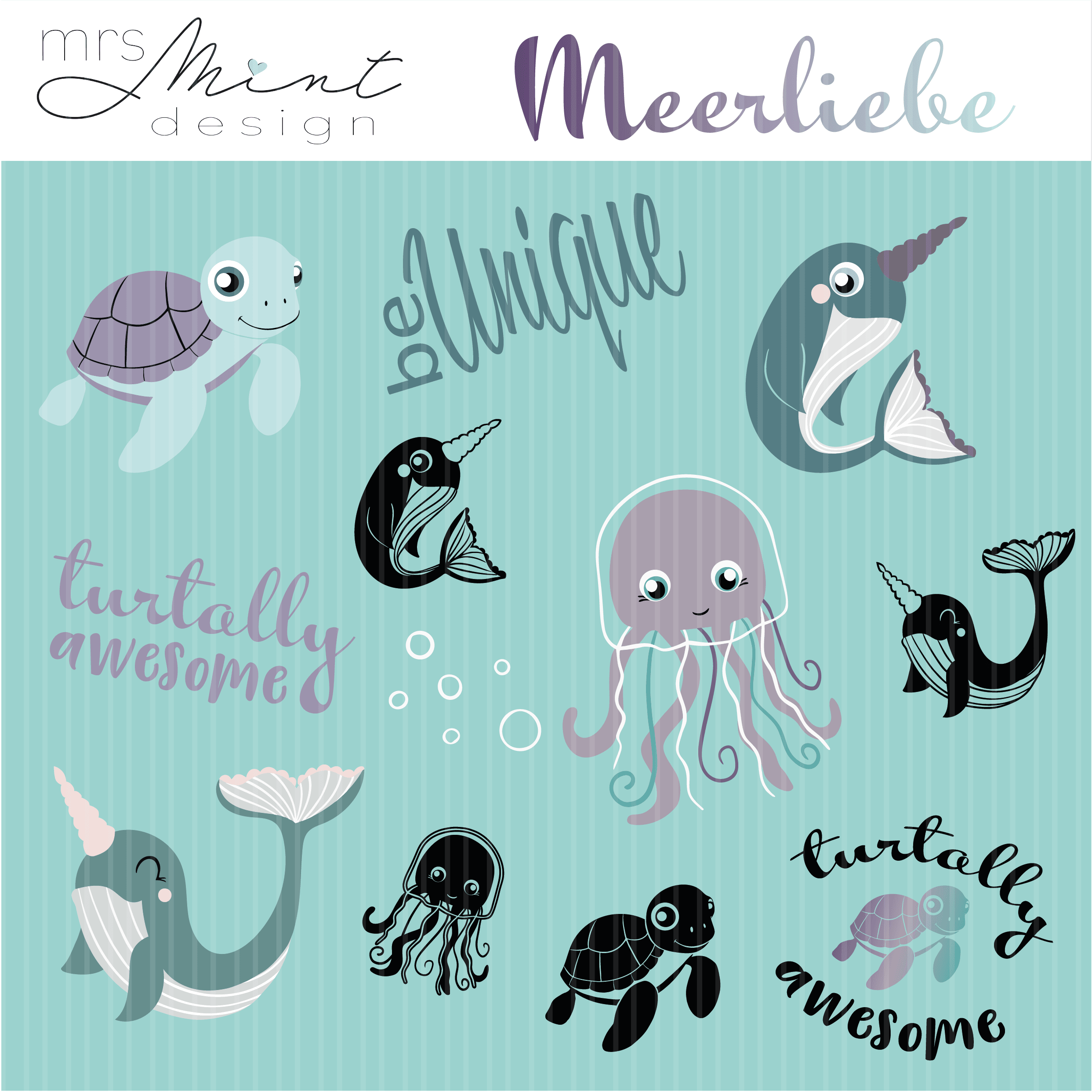 Plotterdatei - Meerliebe - Schildkröte - Qualle - Narwal - svg - dxf - cutting file - Silhouette - Cricut - Sewando