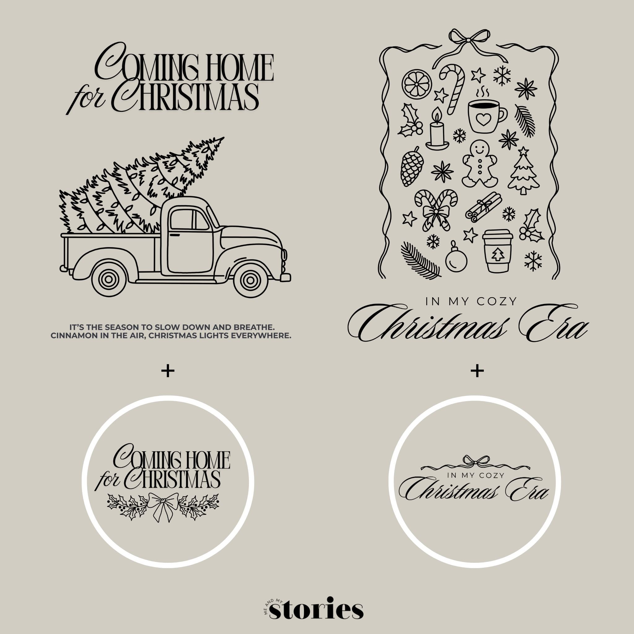 Zweiteiliges Weihnachts-Plotterdatei-Set mit In my cozy Christmas Era & Coming Home for Christmas – Line Art Designs für Sweater, Hoodies & festliche DIY-Projekte.