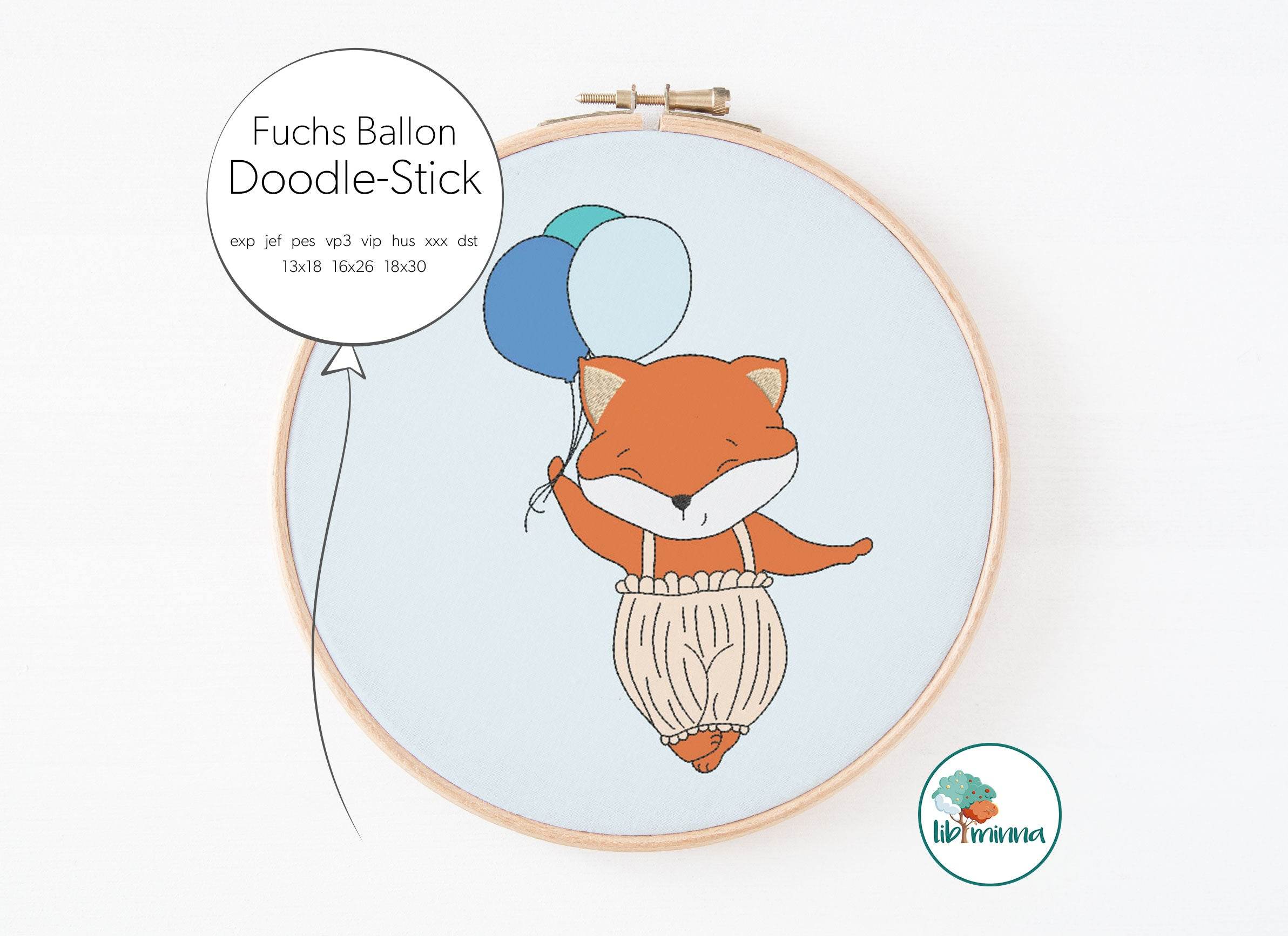 Doodle-Stickdatei Fuchs mit Ballon 3 Größen - Sewando