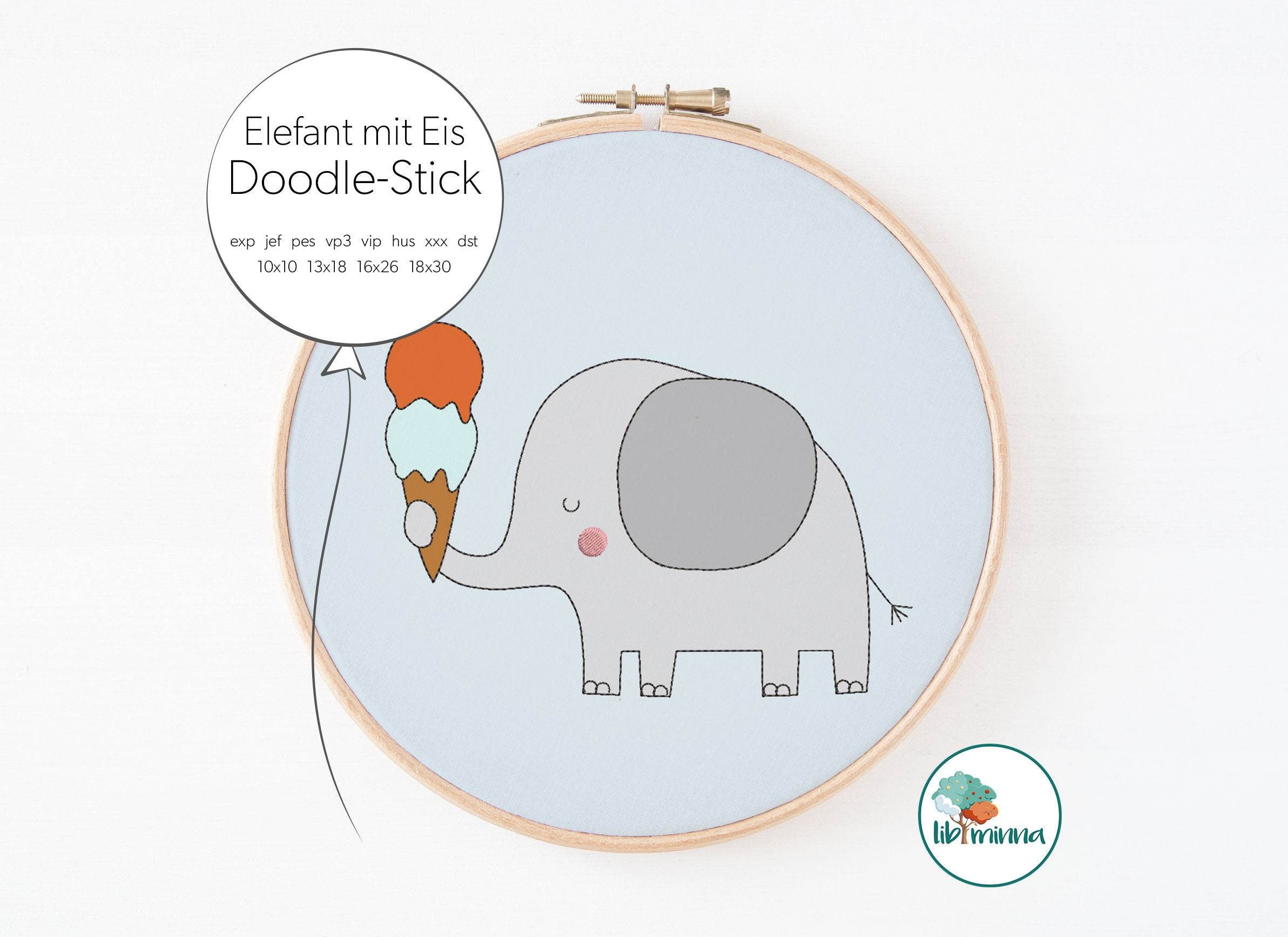 Doodle-Stickdatei Elefant mit Eis 4 Größen - Sewando